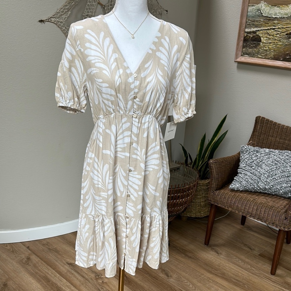 Ellen Tracy Brand Linen Blend Short Sleeve Midi Dress